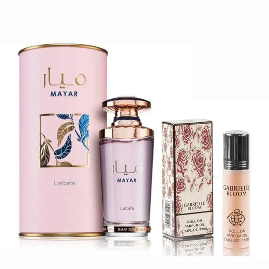 Mayar Lattafa EDP (100ml) & Gabrielle Bloom Fragrance World Oil (10ml) Summer Floral and Fruity Duo